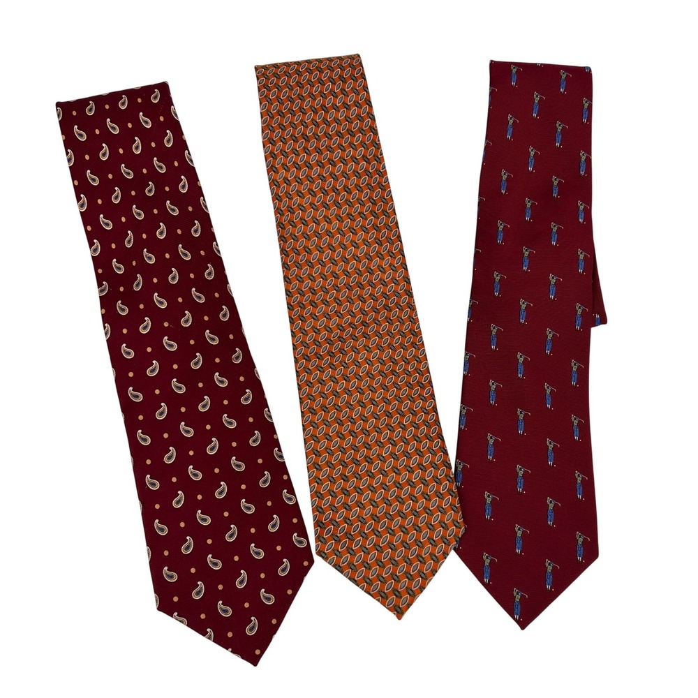 Jos A Bank Mens Silk Tie Lot of 3 Burgundy Paisley Orange Geometric Red Golf
